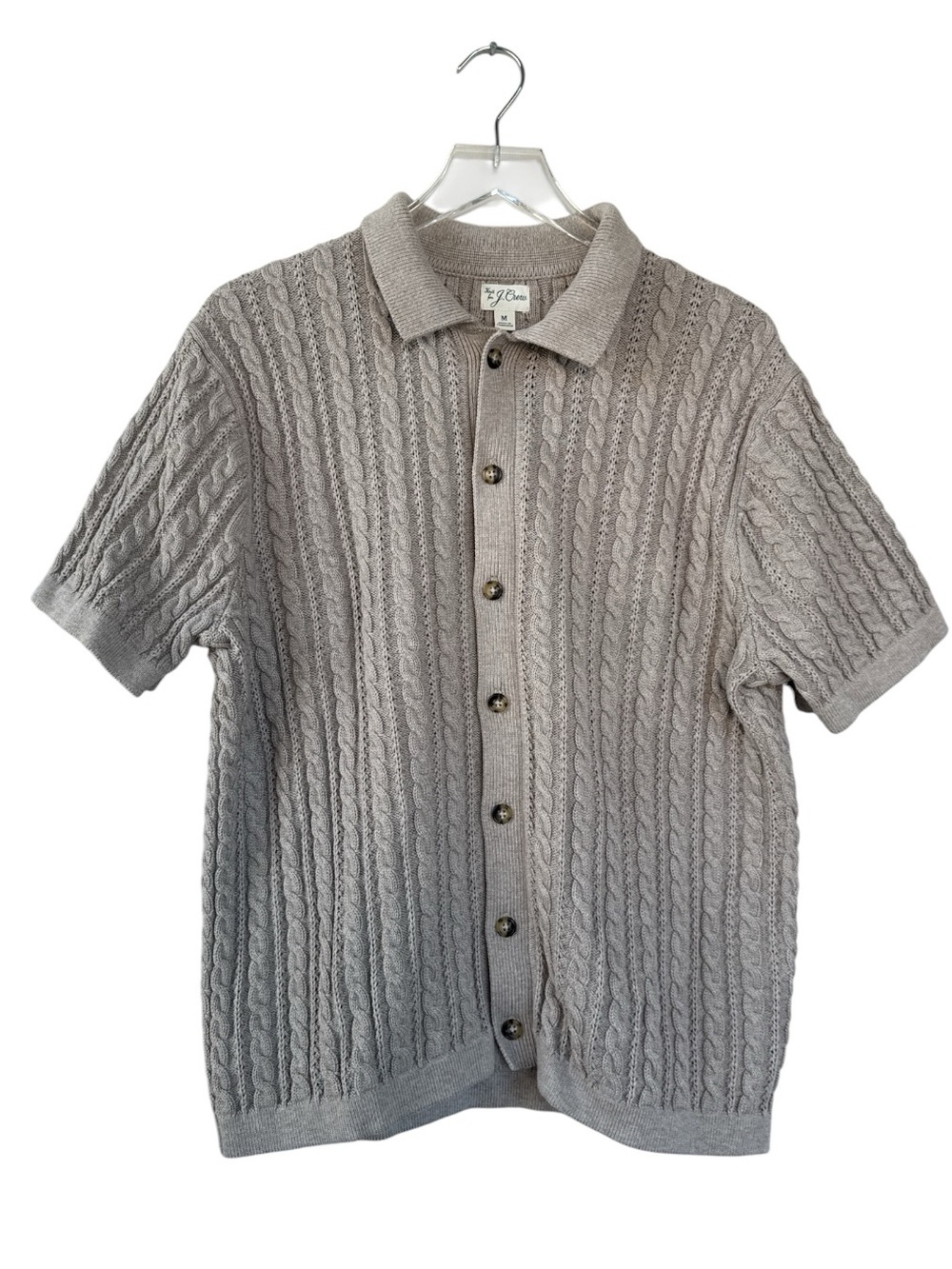 J.Crew Cable Knit Short Sleeve Cardigan Sweater Polo Taupe Cotton Size M